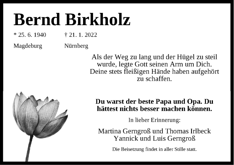  Traueranzeige für Bernd Birkholz vom 25.01.2022 aus Gesamtausgabe Nürnberger Nachrichten/ Nürnberger Ztg.