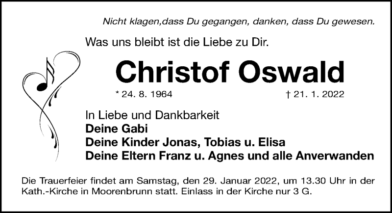  Traueranzeige für Christof Oswald vom 26.01.2022 aus Gesamtausgabe Nürnberger Nachrichten/ Nürnberger Ztg.