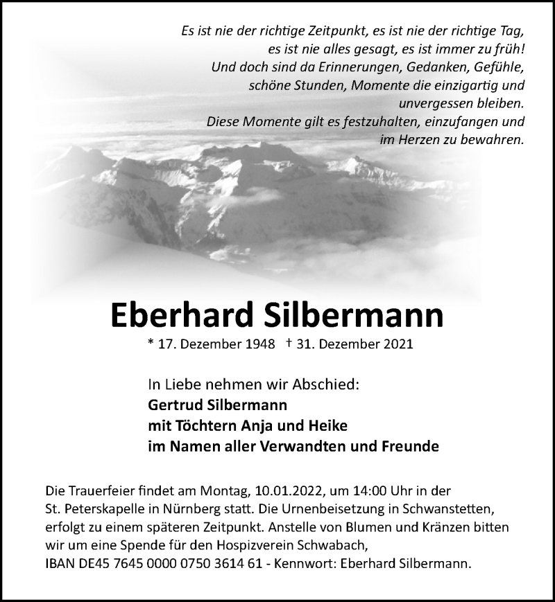  Traueranzeige für Eberhard Silbermann vom 08.01.2022 aus Gesamtausgabe Nürnberger Nachrichten/ Nürnberger Ztg.