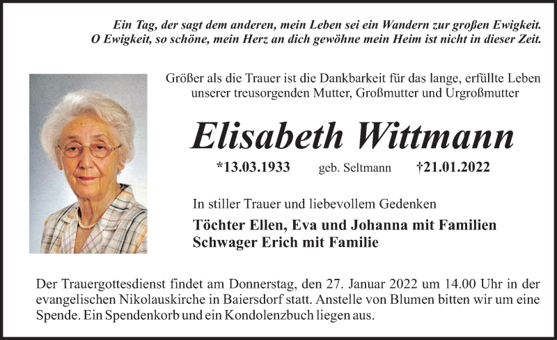  Traueranzeige für Elisabeth Wittmann vom 25.01.2022 aus Erlanger Nachrichten Lokal