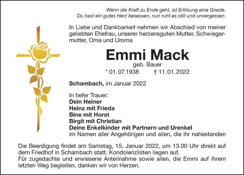  Traueranzeige für Emmi Mack vom 13.01.2022 aus Weißenburger Tagblatt u.Treuchtlinger Kurier Lokal