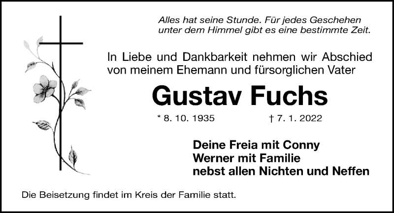  Traueranzeige für Gustav Fuchs vom 15.01.2022 aus Gesamtausgabe Nürnberger Nachrichten/ Nürnberger Ztg.
