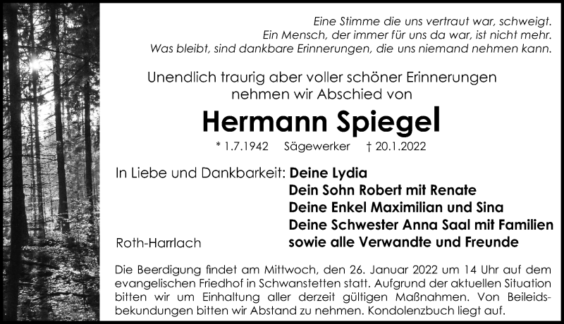  Traueranzeige für Hermann Spiegel vom 22.01.2022 aus Gesamtausgabe Nürnberger Nachrichten/ Nürnberger Ztg.