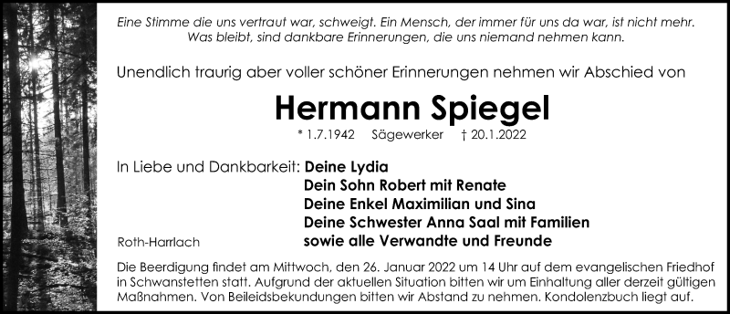  Traueranzeige für Hermann Spiegel vom 22.01.2022 aus Roth-Hilpoltsteiner Volkszeitung Lokal