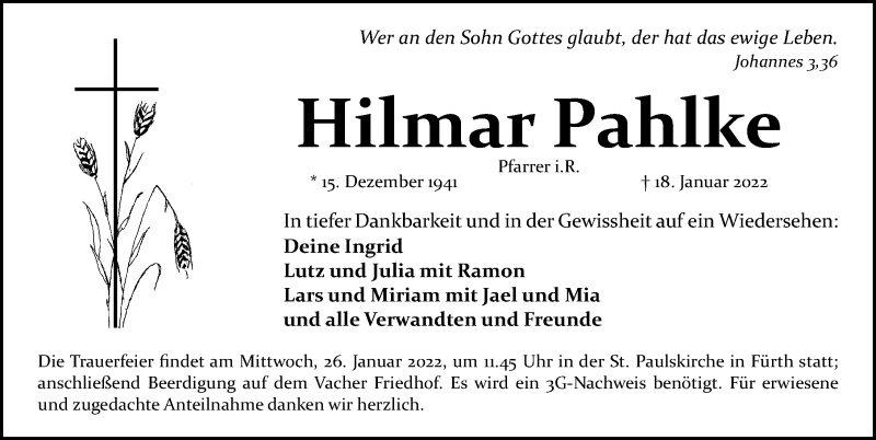  Traueranzeige für Hilmar Pahlke vom 22.01.2022 aus Gesamtausgabe Nürnberger Nachrichten/ Nürnberger Ztg.