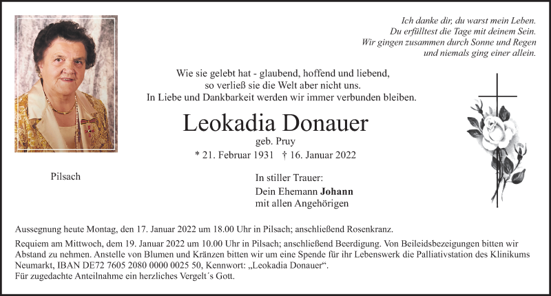  Traueranzeige für Leokadia Donauer vom 17.01.2022 aus Neumarkter Nachrichten Lokal
