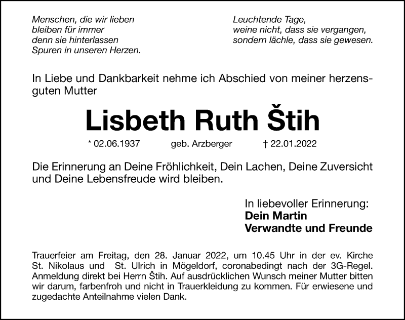  Traueranzeige für Lisbeth Ruth Stih vom 26.01.2022 aus Gesamtausgabe Nürnberger Nachrichten/ Nürnberger Ztg.