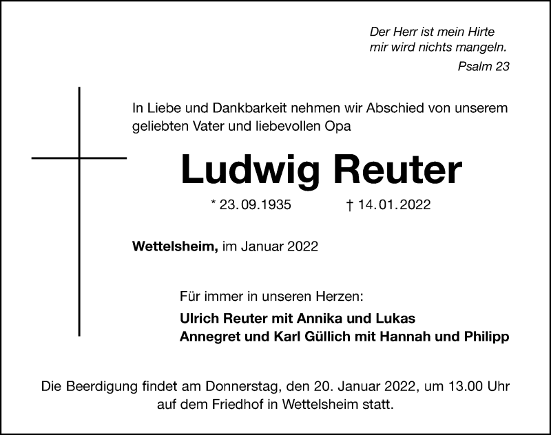  Traueranzeige für Ludwig Reuter vom 18.01.2022 aus Weißenburger Tagblatt u.Treuchtlinger Kurier Lokal