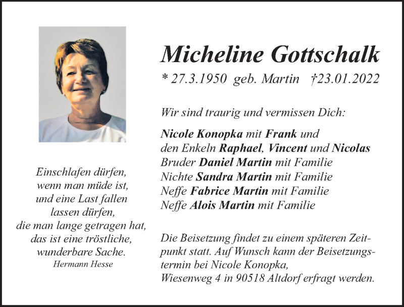  Traueranzeige für Micheline Gottschalk vom 25.01.2022 aus Gesamtausgabe Nürnberger Nachrichten/ Nürnberger Ztg.