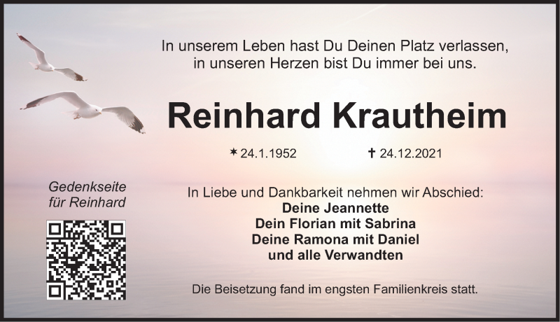  Traueranzeige für Reinhard Krautheim vom 19.01.2022 aus Nordbayerische Nachrichten Herzogenaurach Lokal