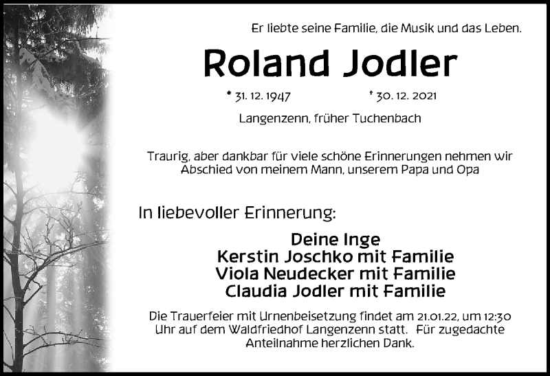  Traueranzeige für Roland Jodler vom 17.01.2022 aus Fürther Nachrichten Lokal