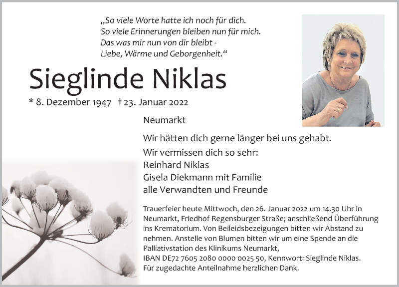  Traueranzeige für Sieglinde Niklas vom 26.01.2022 aus Neumarkter Nachrichten Lokal