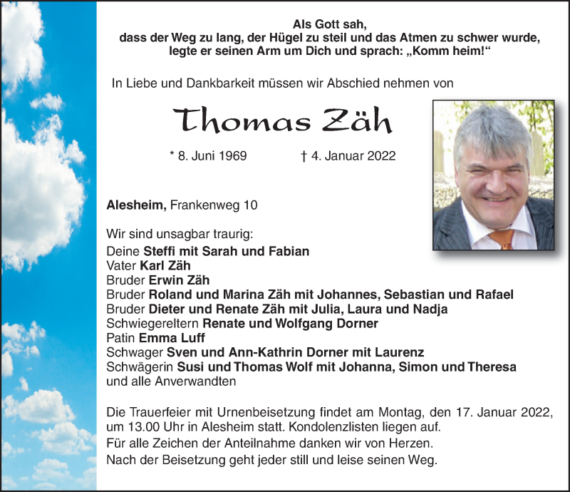  Traueranzeige für Thomas Zäh vom 08.01.2022 aus Altmühl-Bote Lokal