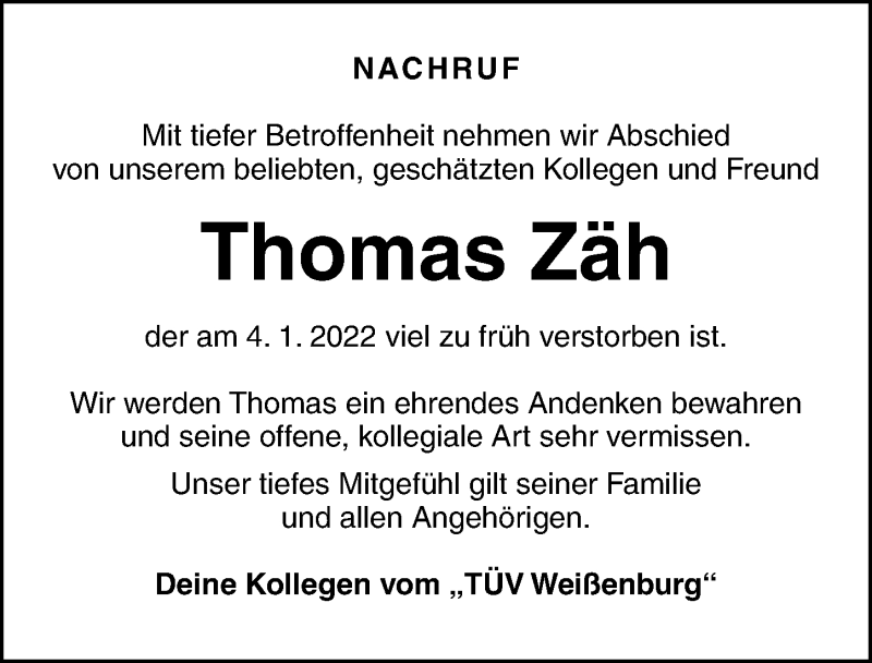  Traueranzeige für Thomas Zäh vom 15.01.2022 aus Altmühl-Bote Lokal