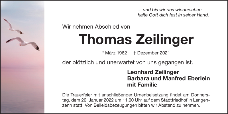  Traueranzeige für Thomas Zeilinger vom 18.01.2022 aus Fürther Nachrichten Lokal