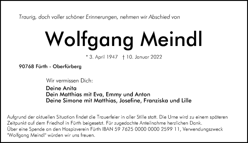  Traueranzeige für Wolfgang Meindl vom 15.01.2022 aus Fürther Nachrichten Lokal
