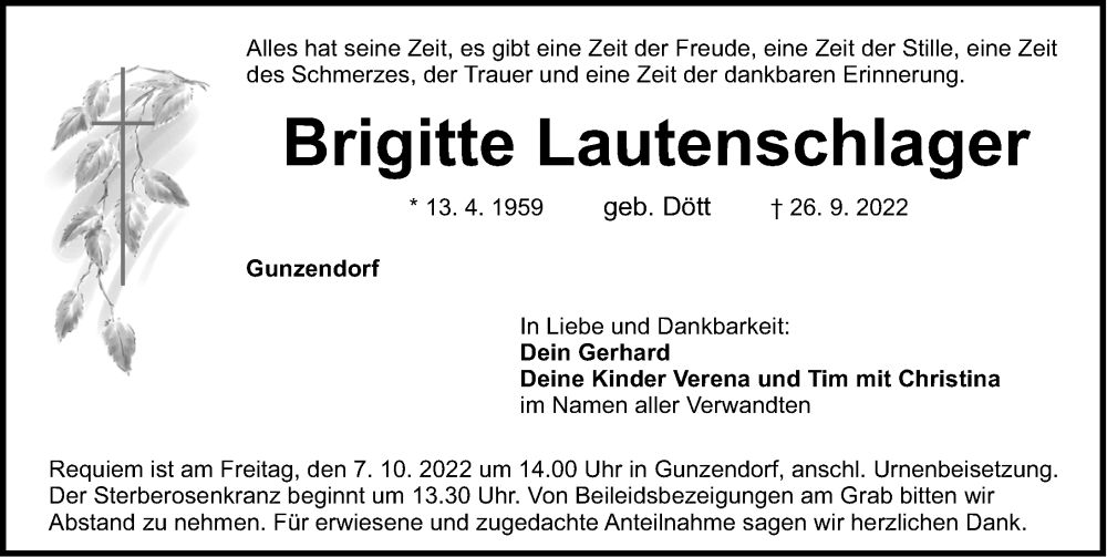  Traueranzeige für Brigitte Lautenschlager vom 01.10.2022 aus Nordbayerische Nachrichten Pegnitz Lokal
