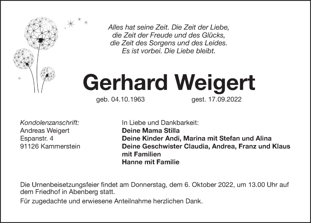  Traueranzeige für Gerhard Weigert  vom 01.10.2022 aus Roth-Hilpoltsteiner Volkszeitung