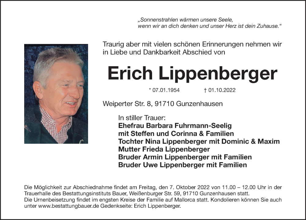 Traueranzeige für Erich Lippenberger vom 05.10.2022 aus Altmühl-Bote Lokal