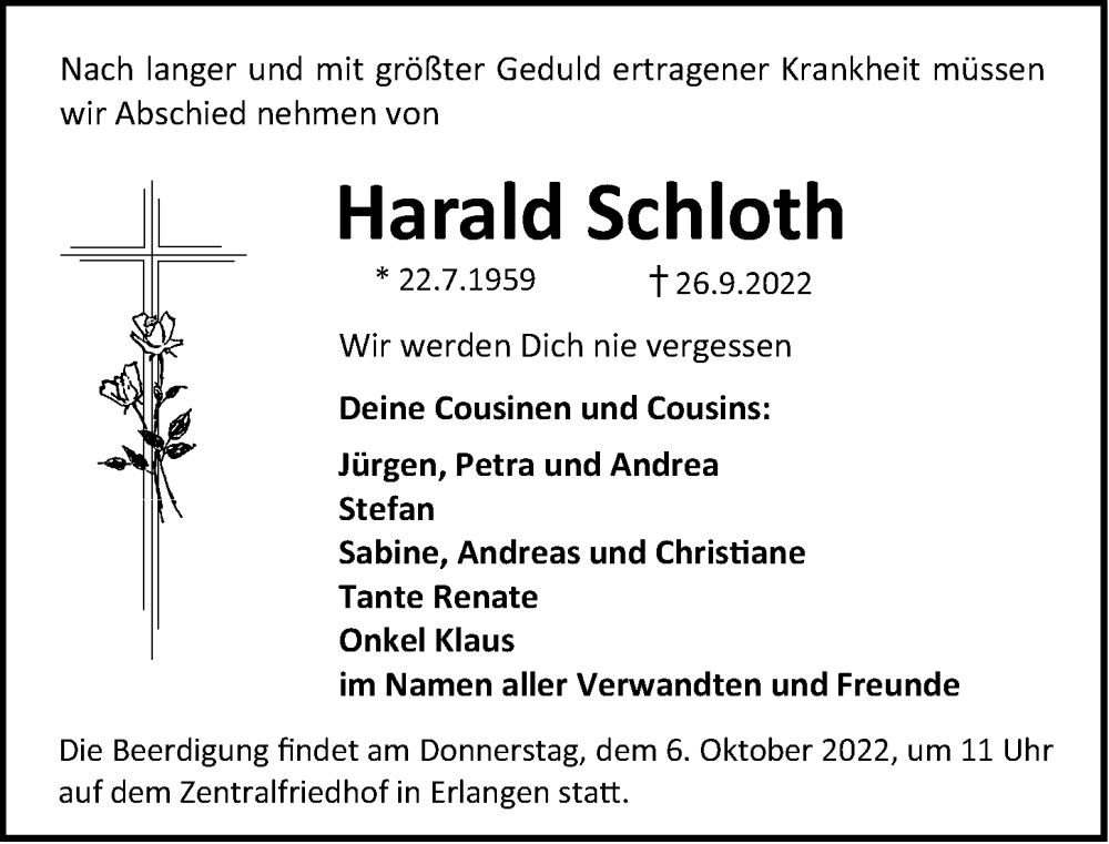  Traueranzeige für Harald Schloth vom 01.10.2022 aus Erlanger Nachrichten Lokal
