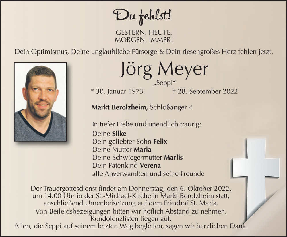  Traueranzeige für Jörg Meyer vom 01.10.2022 aus Altmühl-Bote Lokal