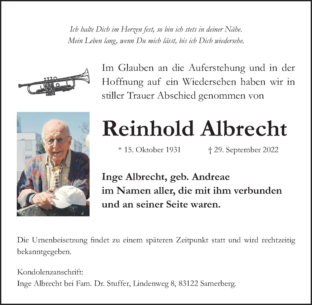  Traueranzeige für Reinhold Albrecht vom 01.10.2022 aus Gesamtausgabe Nürnberger Nachrichten/ Nürnberger Ztg.