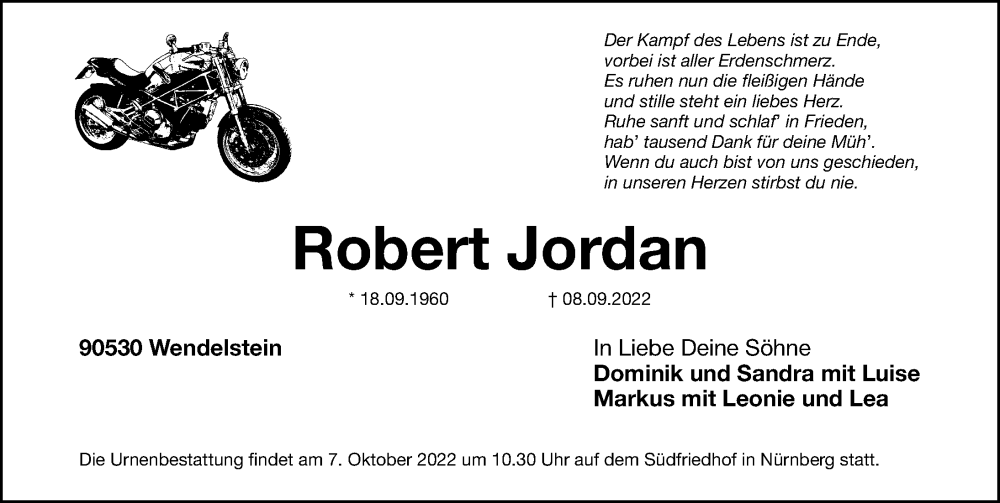  Traueranzeige für Robert Jordan vom 01.10.2022 aus Gesamtausgabe Nürnberger Nachrichten/ Nürnberger Ztg.