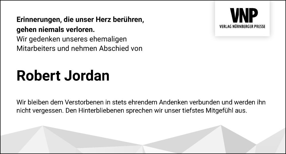  Traueranzeige für Robert Jordan vom 01.10.2022 aus Gesamtausgabe Nürnberger Nachrichten/ Nürnberger Ztg.