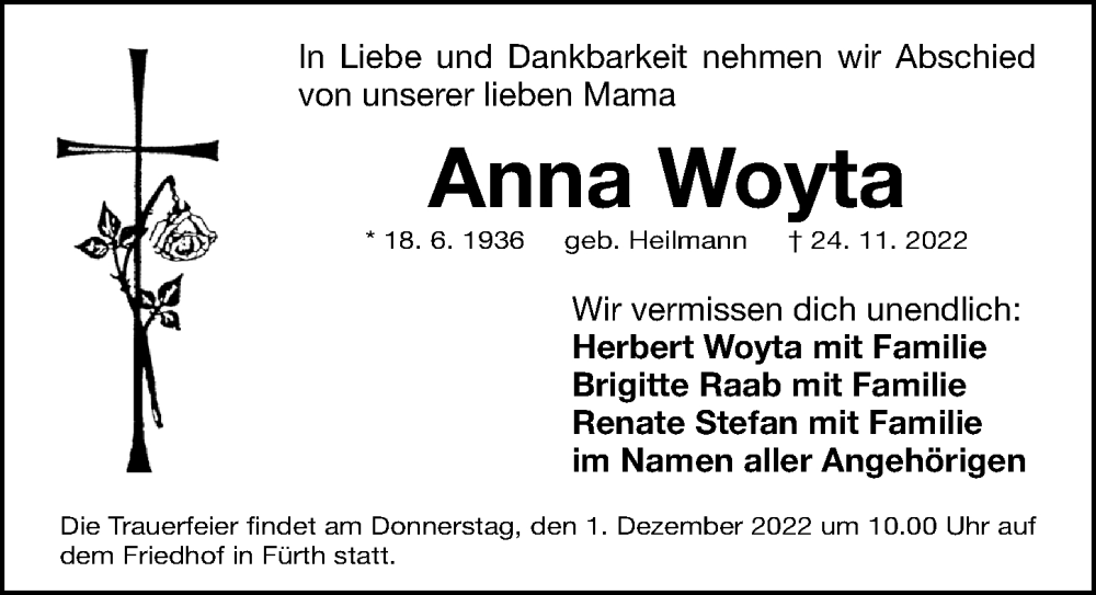  Traueranzeige für Anna Woyta vom 30.11.2022 aus Fürther Nachrichten Lokal
