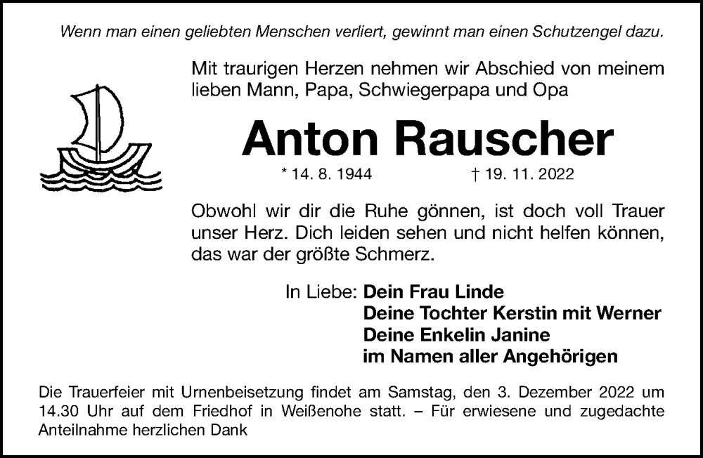  Traueranzeige für Anton Rauscher vom 01.12.2022 aus Gesamtausgabe Nürnberger Nachrichten/ Nürnberger Ztg.