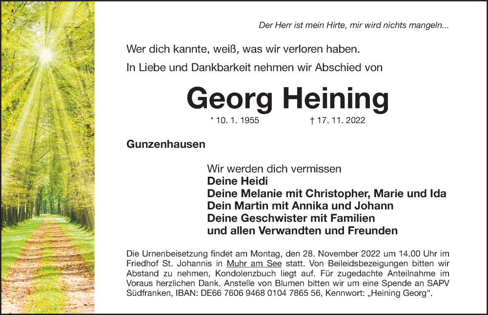 Traueranzeige für Georg Heining vom 25.11.2022 aus Altmühl-Bote Lokal