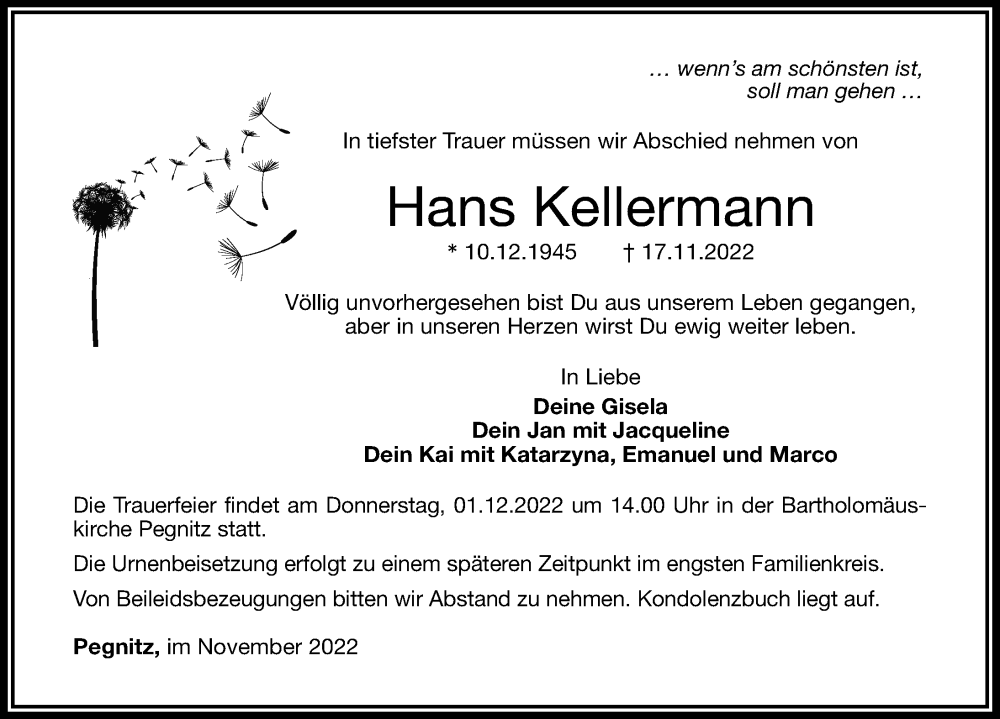  Traueranzeige für Hans Kellermann vom 26.11.2022 aus Nordbayerische Nachrichten Pegnitz Lokal
