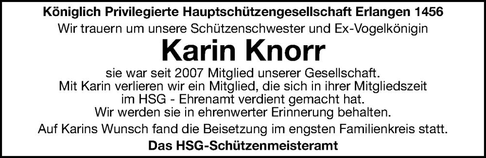  Traueranzeige für Karin Knorr vom 30.11.2022 aus Erlanger Nachrichten Lokal