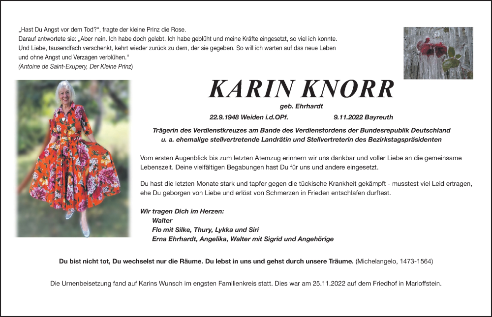  Traueranzeige für Karin Knorr vom 26.11.2022 aus Gesamtausgabe Nürnberger Nachrichten/ Nürnberger Ztg.
