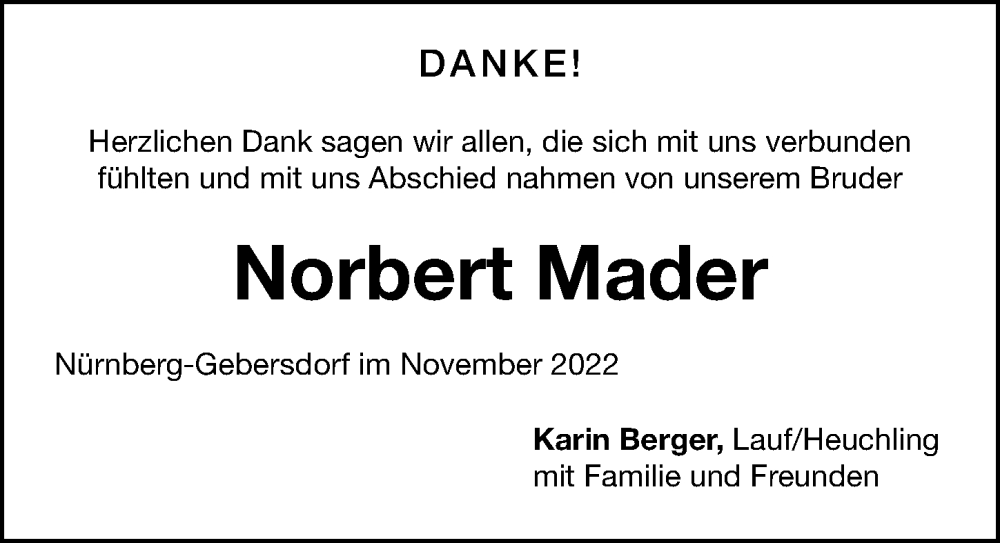  Traueranzeige für Norbert Mader vom 30.11.2022 aus Gesamtausgabe Nürnberger Nachrichten/ Nürnberger Ztg.