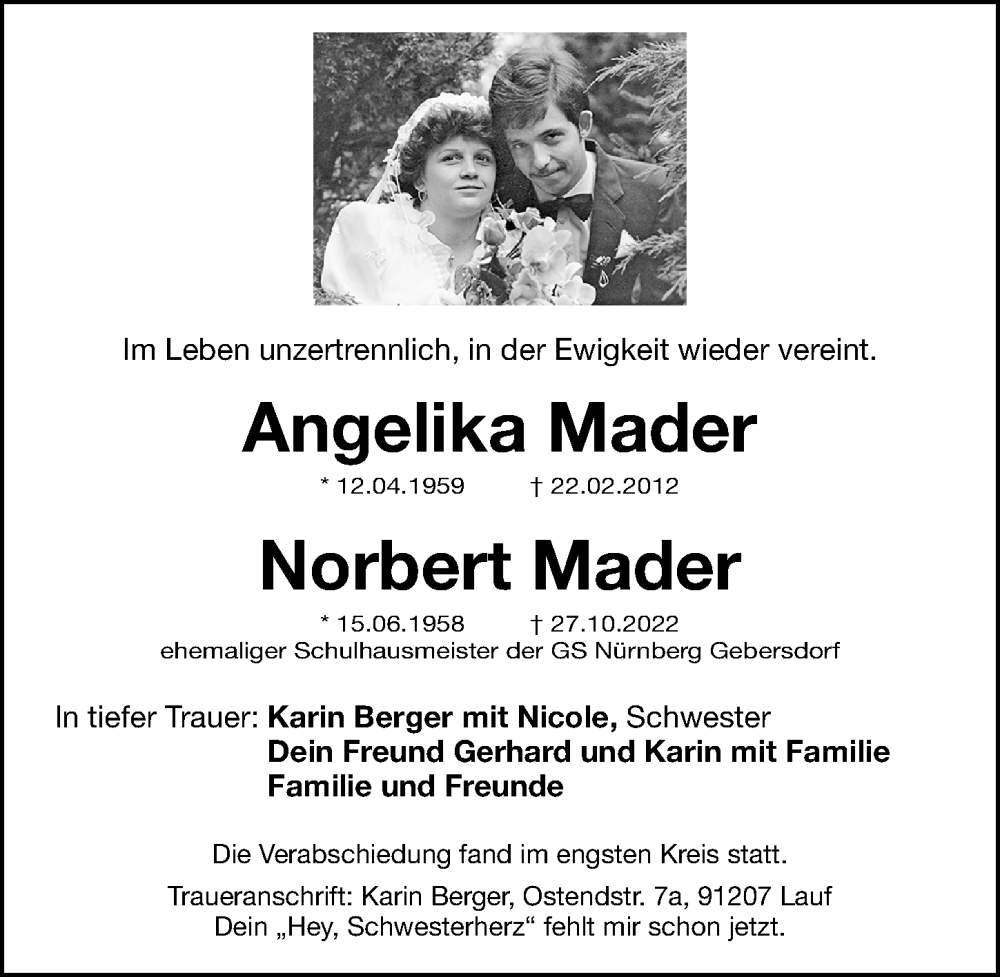 Traueranzeige für Norbert Mader vom 12.11.2022 aus Gesamtausgabe Nürnberger Nachrichten/ Nürnberger Ztg.
