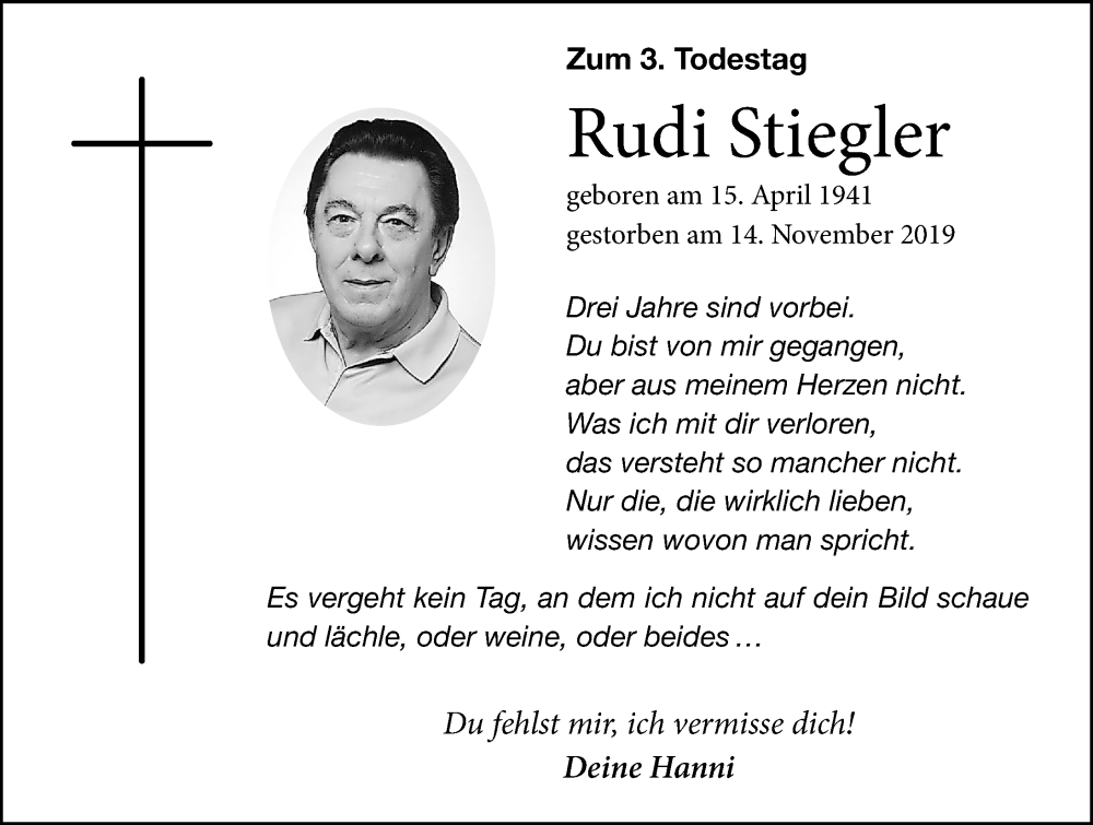  Traueranzeige für Rudi Stiegler vom 14.11.2022 aus Altmühl-Bote Lokal
