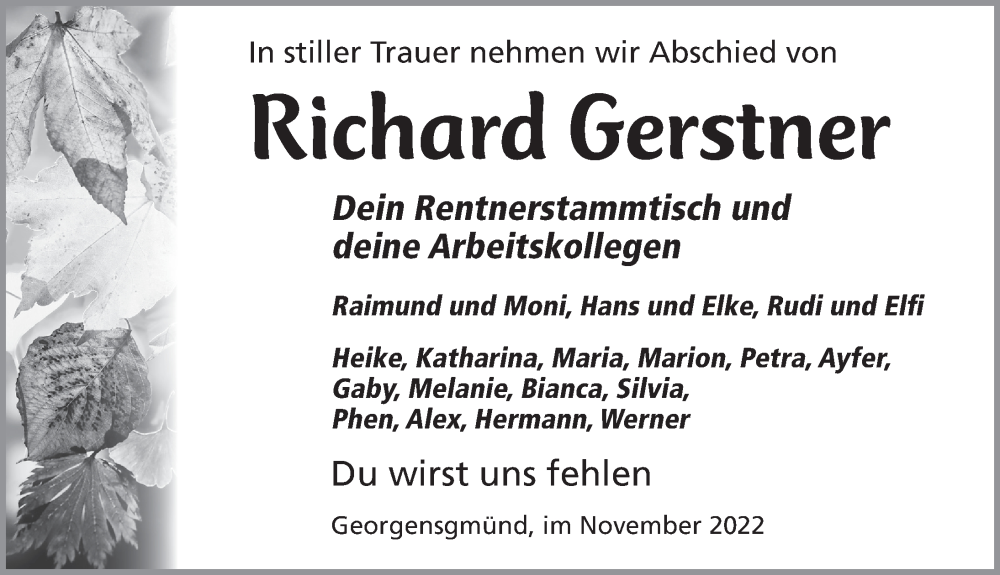  Traueranzeige für Richard Gerstner vom 26.11.2022 aus Roth-Hilpoltsteiner Volkszeitung