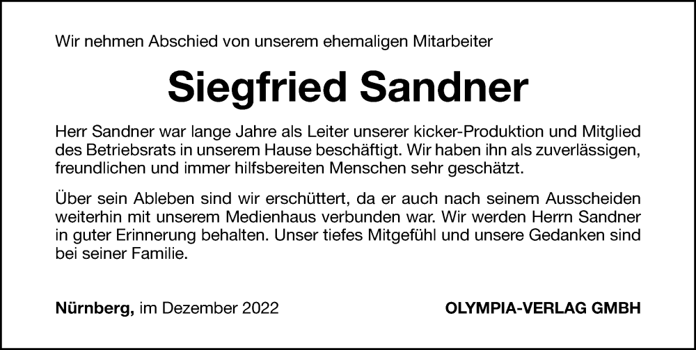  Traueranzeige für Siegfried Sandner vom 03.12.2022 aus Gesamtausgabe Nürnberger Nachrichten/ Nürnberger Ztg.