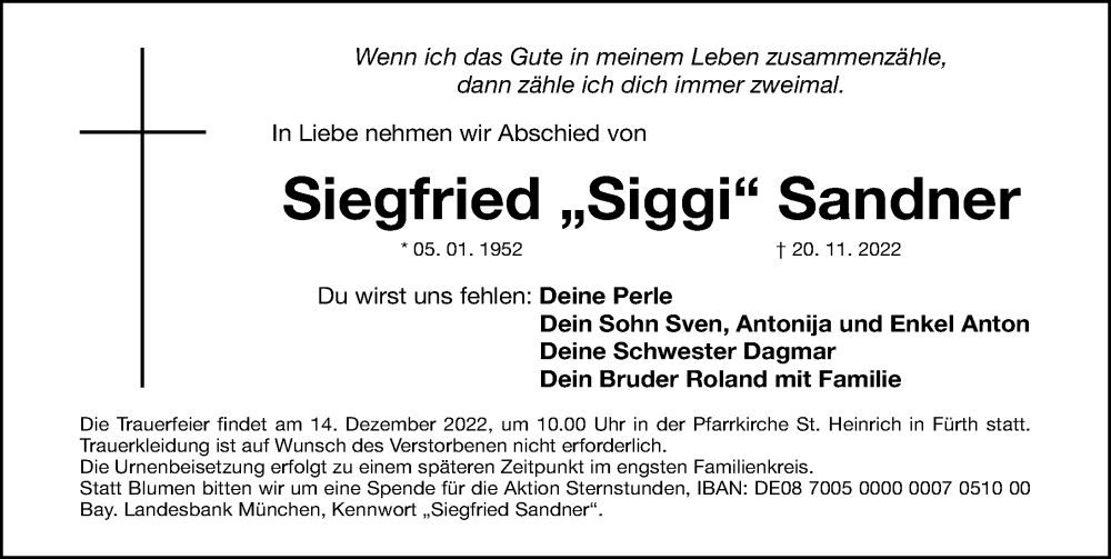  Traueranzeige für Siegfried Sandner vom 03.12.2022 aus Gesamtausgabe Nürnberger Nachrichten/ Nürnberger Ztg.