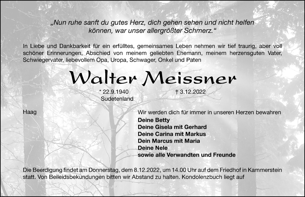  Traueranzeige für Walter Meissner vom 06.12.2022 aus Schwabacher Tagblatt Lokal