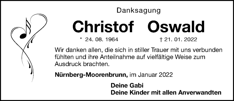  Traueranzeige für Christof Oswald vom 05.02.2022 aus Gesamtausgabe Nürnberger Nachrichten/ Nürnberger Ztg.