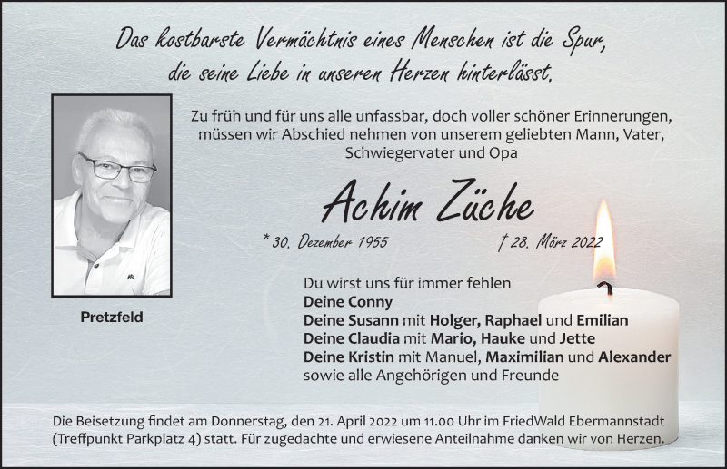  Traueranzeige für Achim Züche vom 16.04.2022 aus Nordbayerische Nachrichten Forchheim Lokal