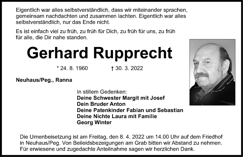  Traueranzeige für Gerhard Rupprecht vom 06.04.2022 aus Nordbayerische Nachrichten Pegnitz Lokal