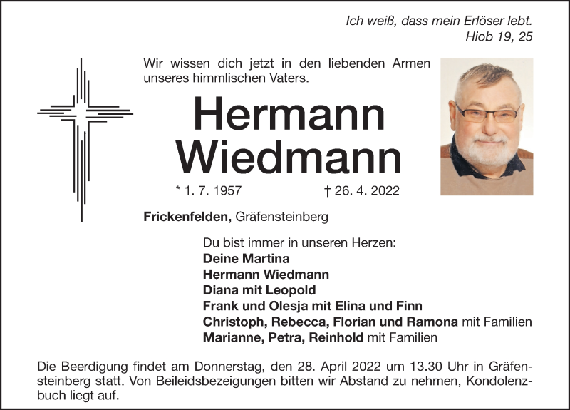  Traueranzeige für Hermann Wiedmann vom 27.04.2022 aus Altmühl-Bote Lokal