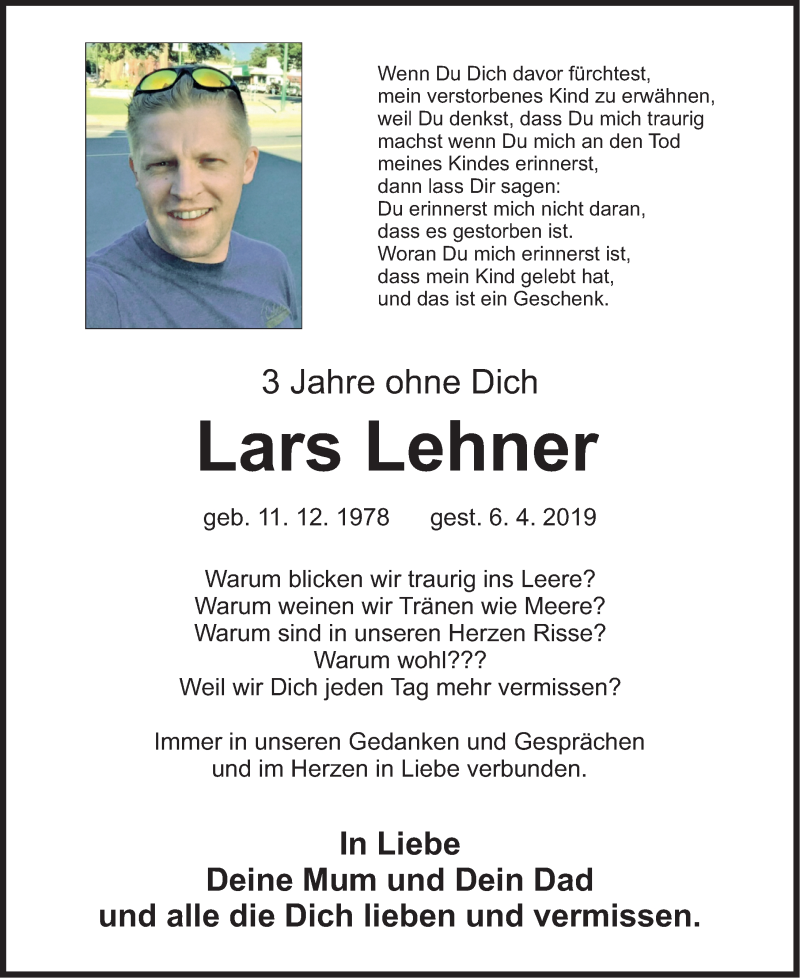  Traueranzeige für Lars Lehner vom 06.04.2022 aus Nordbayerische Nachrichten Pegnitz Lokal