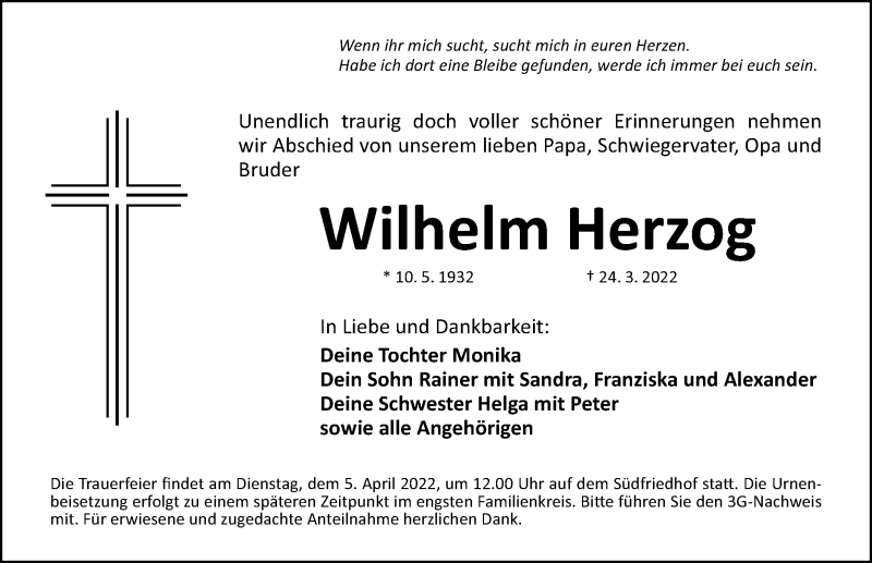  Traueranzeige für Wilhelm Herzog vom 02.04.2022 aus Gesamtausgabe Nürnberger Nachrichten/ Nürnberger Ztg.