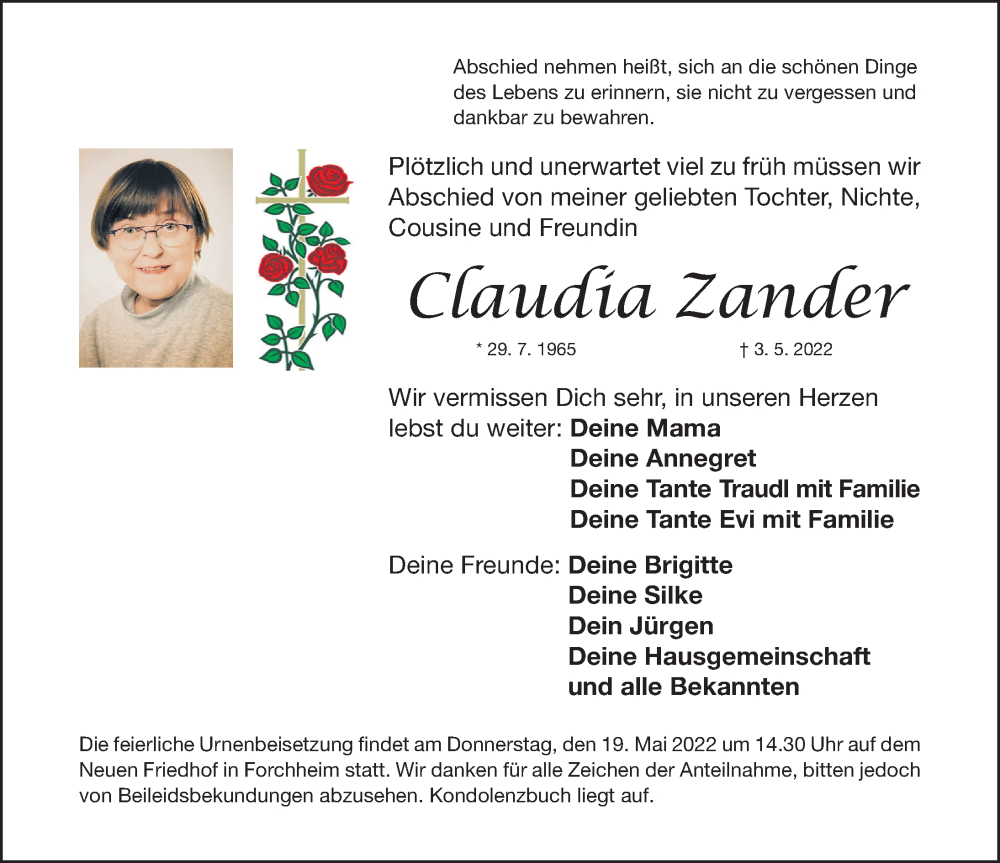  Traueranzeige für Claudia Zander vom 14.05.2022 aus Nordbayerische Nachrichten Forchheim Lokal