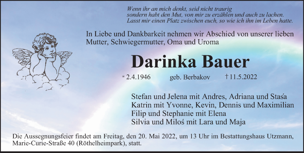  Traueranzeige für Darinka Bauer vom 14.05.2022 aus Erlanger Nachrichten Lokal
