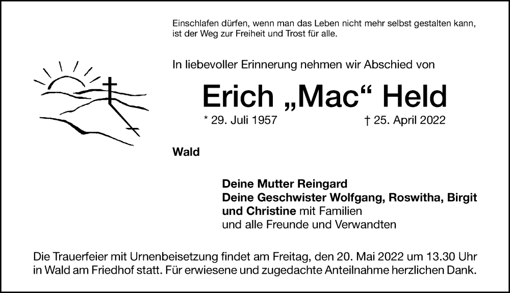  Traueranzeige für Erich Held vom 18.05.2022 aus Altmühl-Bote Lokal